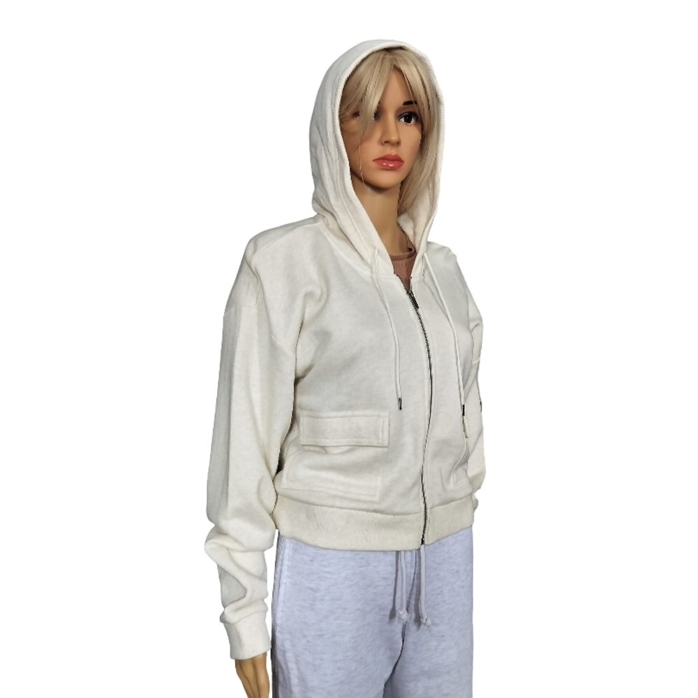 Ideology Zipper Up Cream Hooded Cardigan Sweater Size L NWT
